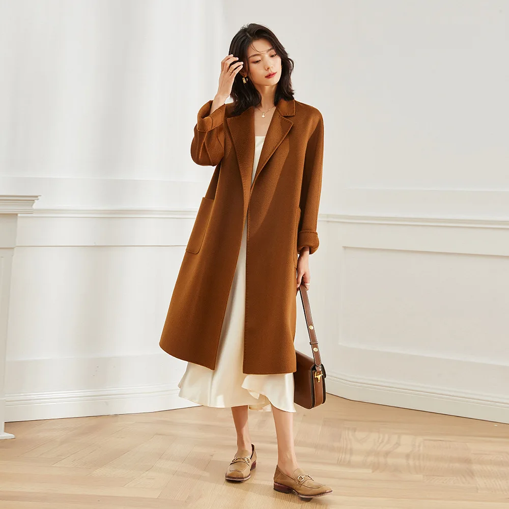 Autumn and winter new handmade double-sided woolen water ripple woolen cashmere coat women's Asian version