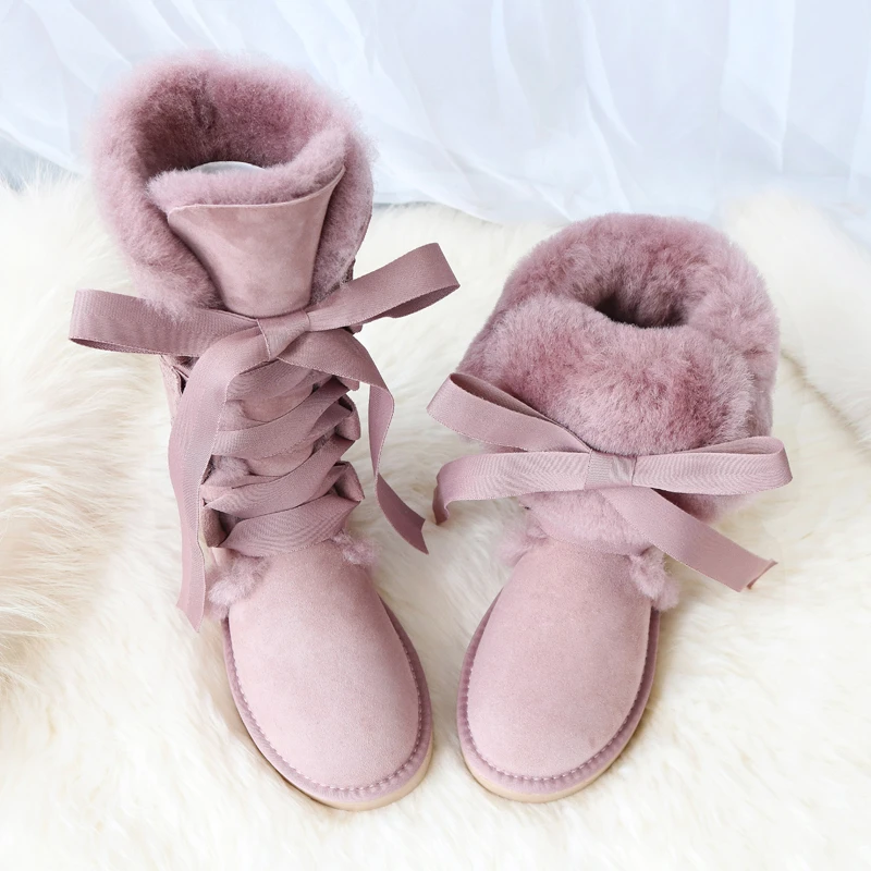 New Winter Pink Lolita Shoes Women Short Snow Boots Kawaii Platform Lace Up Think Warm Genuine Sheep Leather Plush Wool