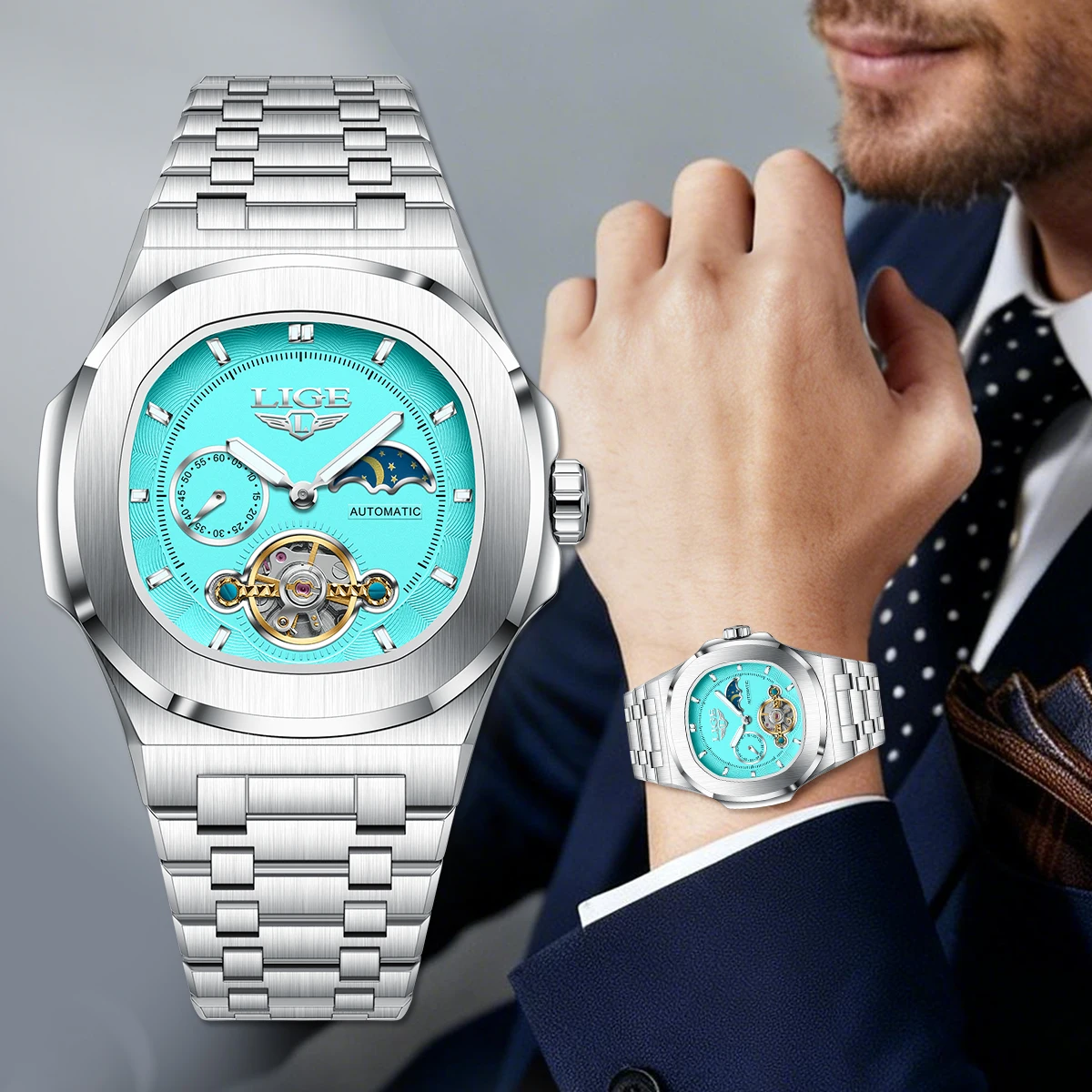 

LIGE Dual Seconds Tourbillon Watch 24 Hour Mechanical Watch Men Stainless Steel Authentic Watch Night Glow Waterproof Mens Watch
