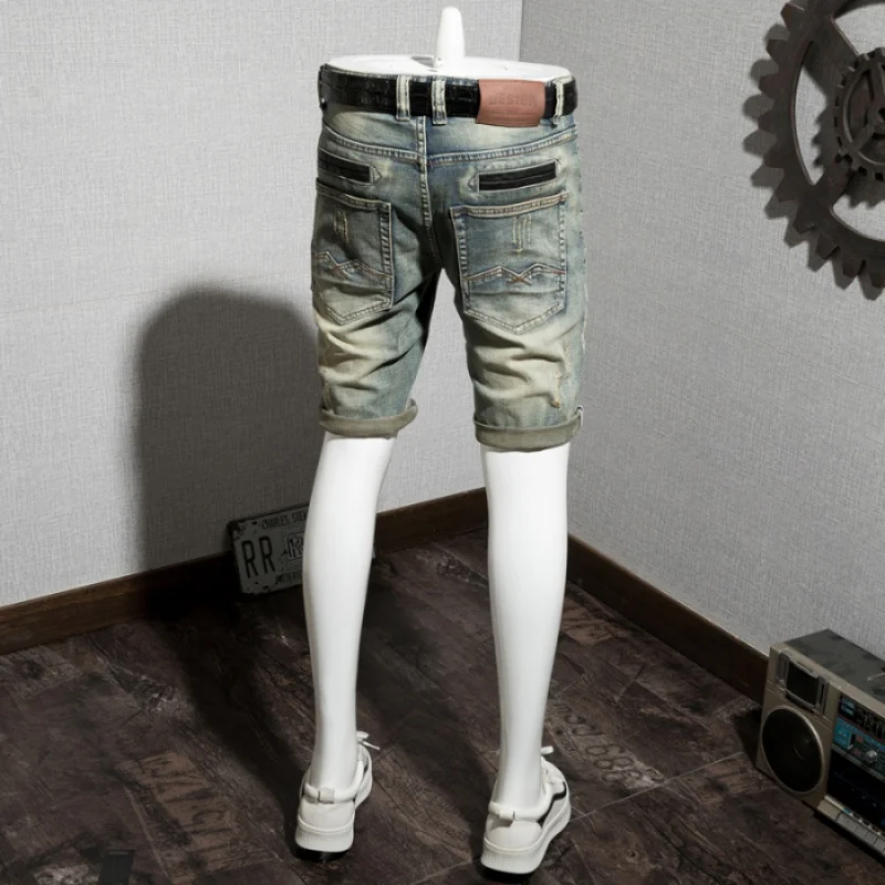 

Summer Retro Distressed Stretch Ripped Denim Shorts Men's High-End Street Trend Men's Clothing Slim-Fitting Biker Pirate Shorts