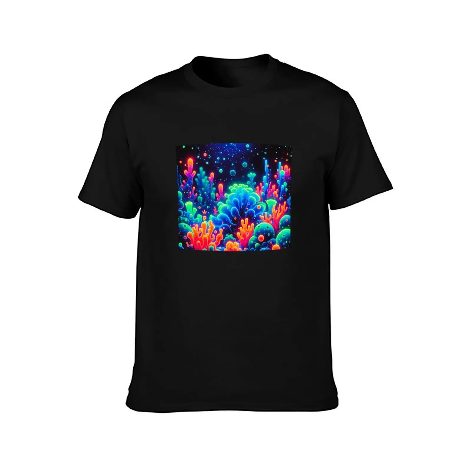 uv reactive Neon Coral Reef Underwater Scene T-Shirt Big Size Crew Neck T-Shirt