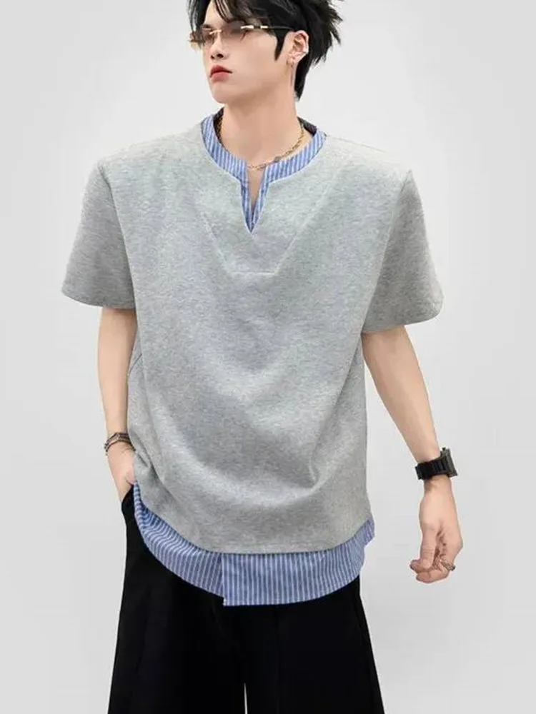 Men's Loose-Fit Casual Half-Sleeve T-Shirt V-Neck Color-Contrast Niche Design Fake Two-piece Male Tops MO80