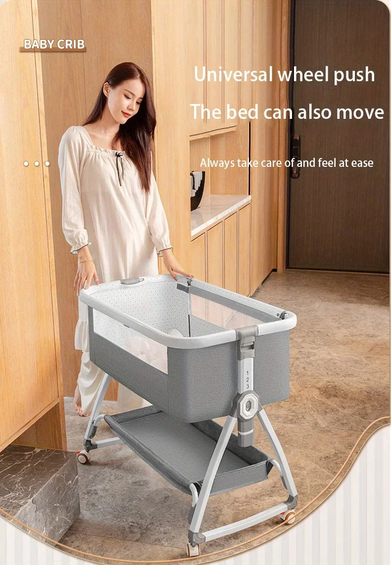 Baby Crib Portable Movable Foldable Height Adjustable Splicing Large Bed Multifunctional Baby Bedside Swing Cradle, Sleeping Bed