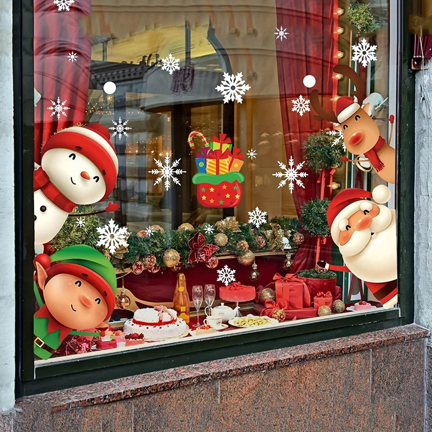 Christmas Window Clings Stickers - Santa, Reindeer, Snowman & Snowflake Designs, Double-Sided PVC Decals for Glass