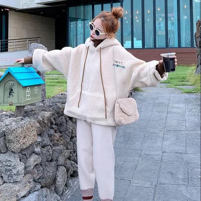 Imitation Lamb Wool Suit Women\'s Autumn and Winter Korean Version Loose Fake Two-piece Top Woolen Pants Two-piece Set Trendy