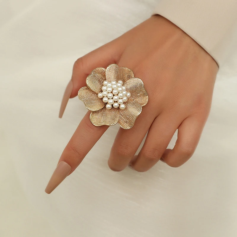 Pearl Big Flowers Joint Rings For Women Vintage Metal Adjustable Ring Bridal Wedding Party Jewelry Gift