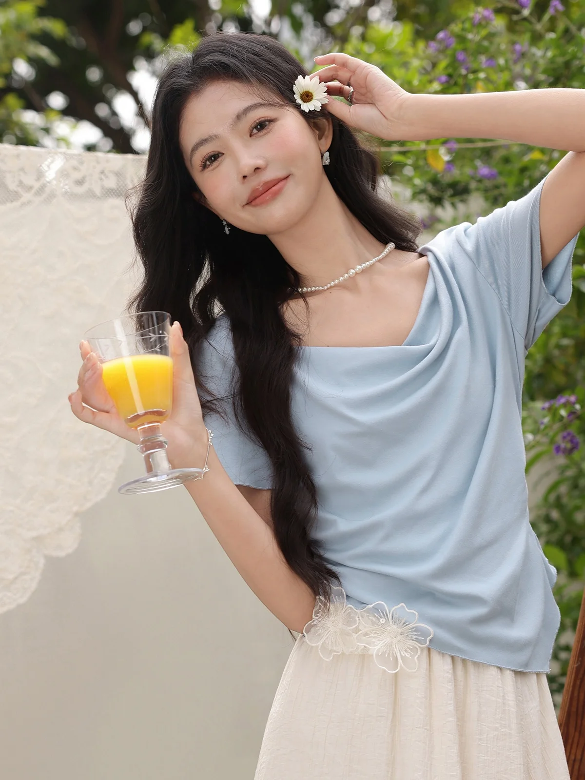 

Loose ort Sve Blue T-irt Women Summer Design Sense Small Size Swinging Collar Top Daily Pure Color Other Material 00%
