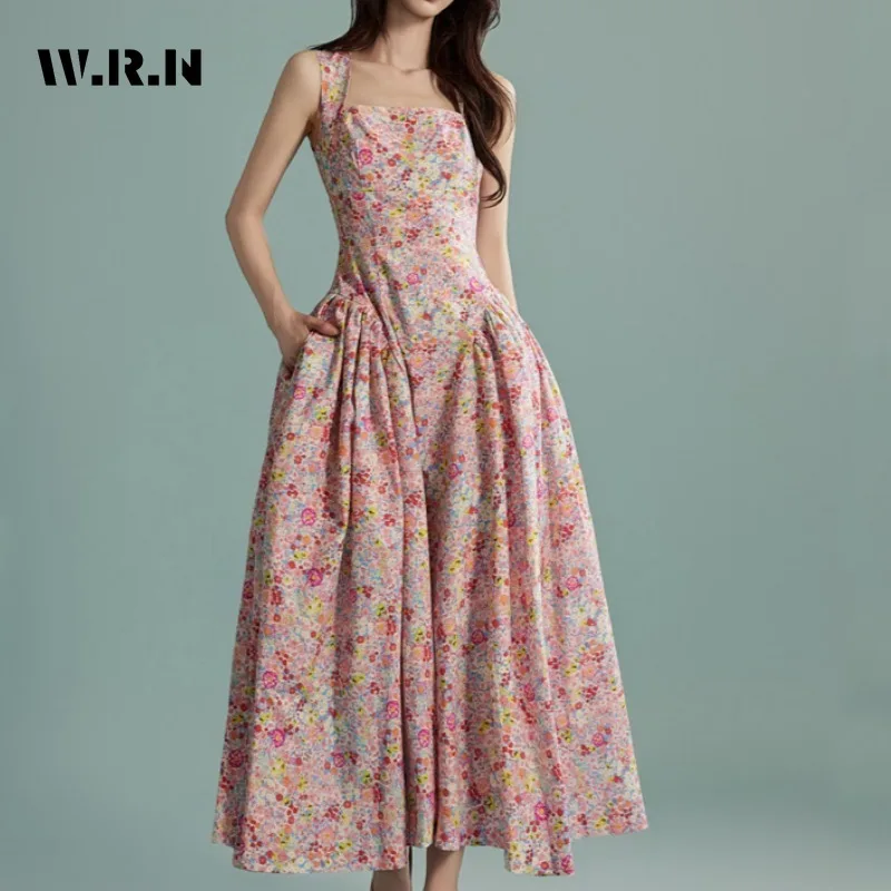 

2025 Spring Fairy Sleeveless Slash Neck Floral Print Suspender Dresses Women Elegant High Waist Chiffon Slim Fit Fairycore Dress