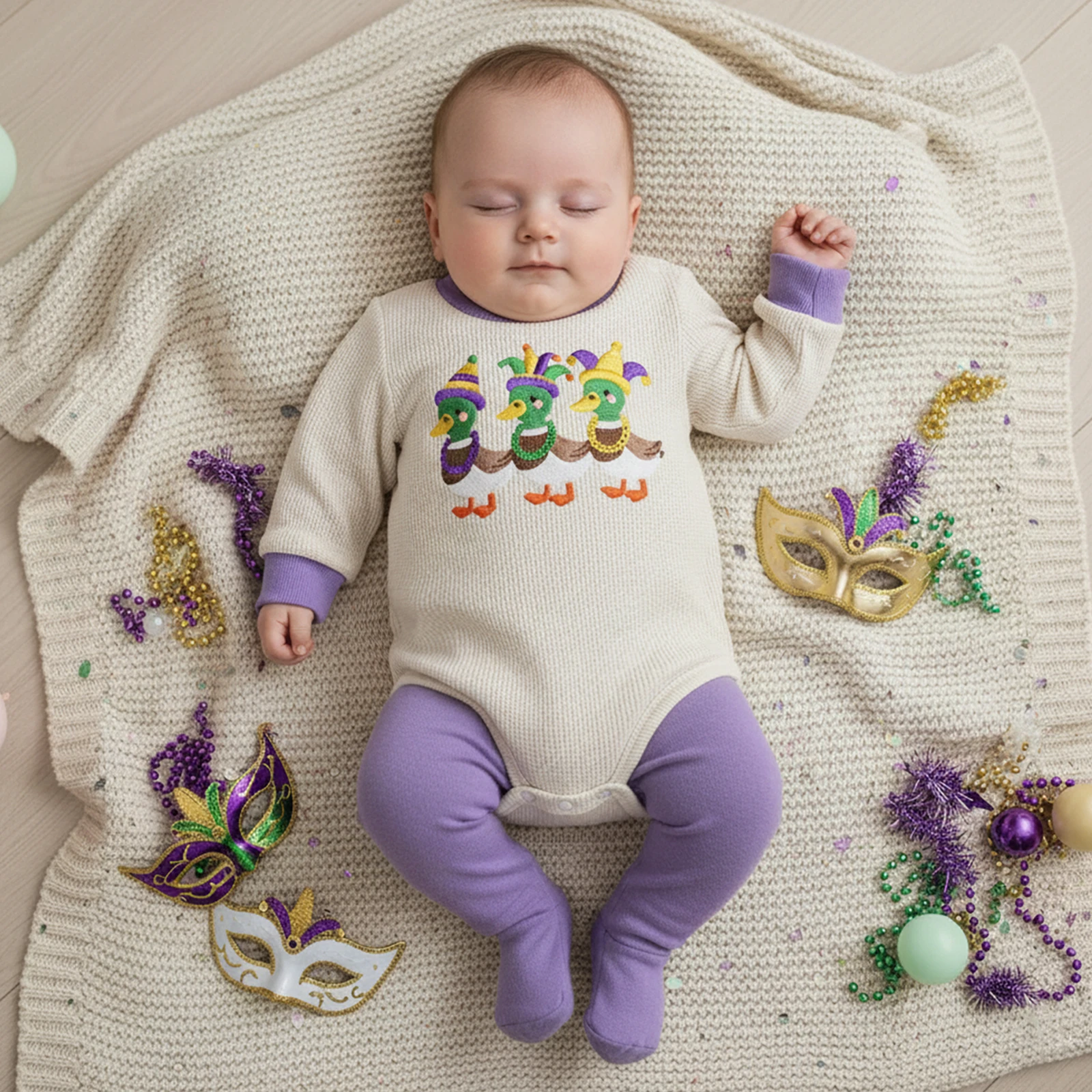 Baby Boys Carnival Jumpsuit Infant Long Sleeve Crewneck Duck Embroidery Romper