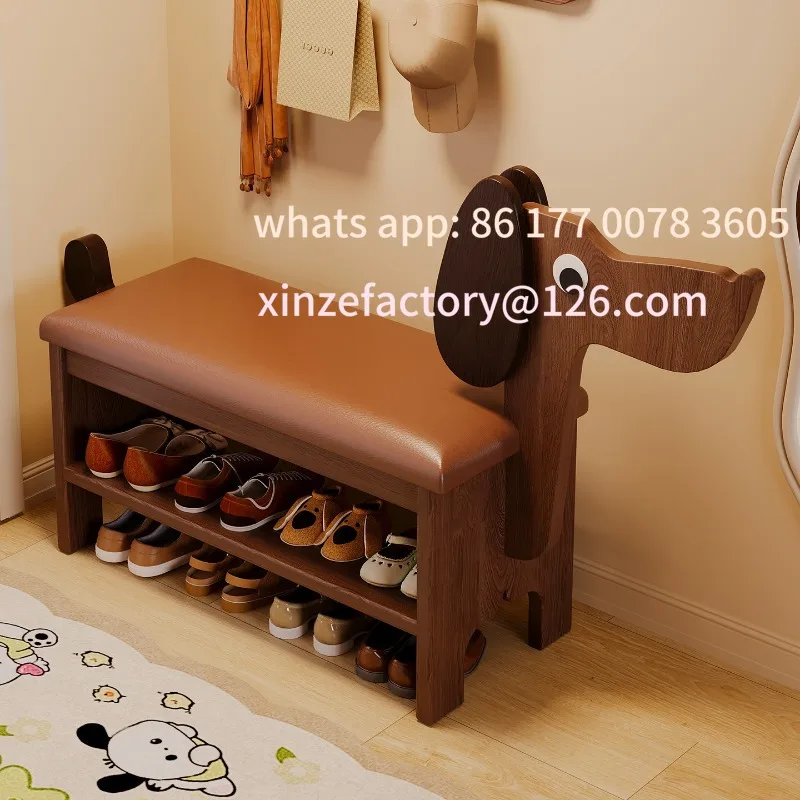 Customizable solid wood puppy shoe changing stool household door shoe cabinet seat stool integrated cute storage shoe rack stool