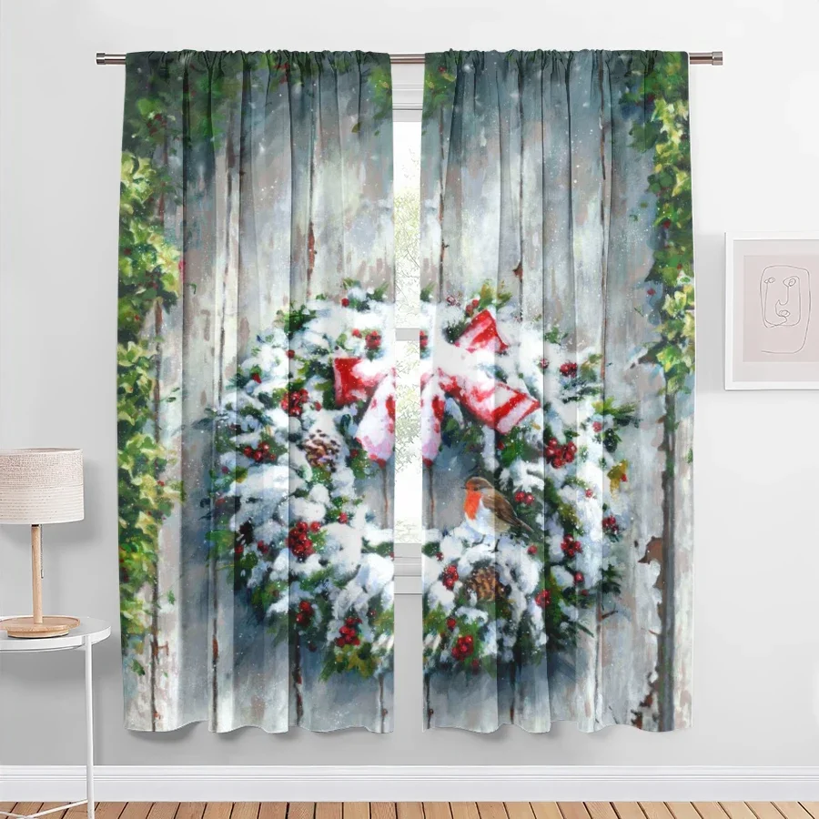 Rustic Winter Wreath Christmas Scene Curtains for Living Room Home Decor Seasonal Window Treatment