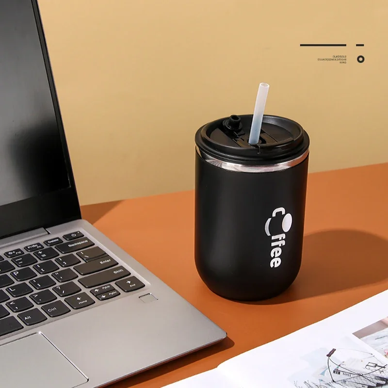 500ml 304 Stainless Steel Thermos Coffee Cup with Silicone Straw Double layer Leak-proof Travel Milk Tea Car Water Cups Thermos