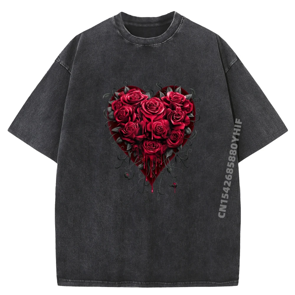 

Original Bleeding Heart Gothic Roses Vintage Tees Mens Cotton Comfort Washed T-shirt Man Graphic Tshirt