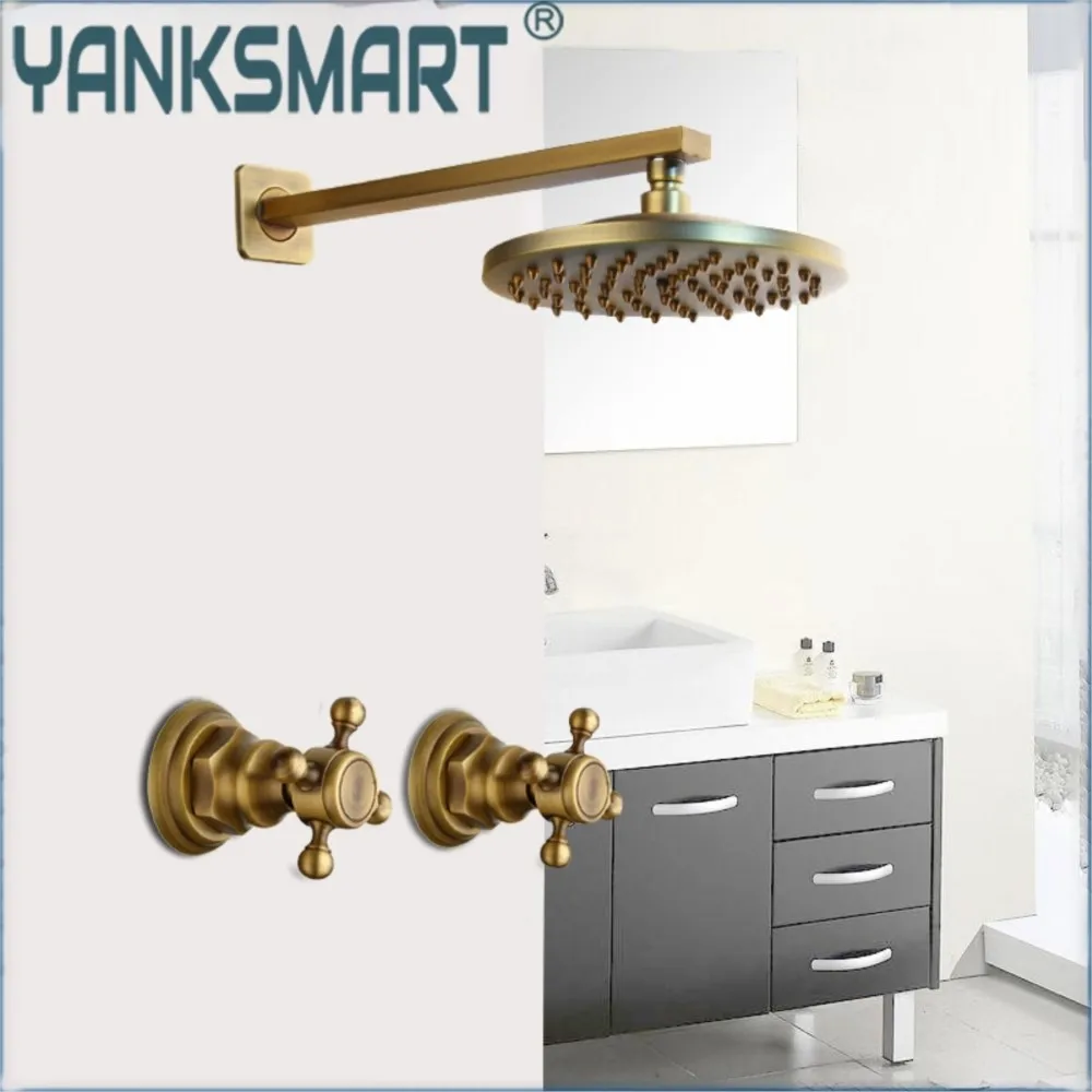 

YANKSMART 8 Inch Antique Brass Bathroom Rainfall Shower Faucet Set Wall Mounted Head and Hand Shower Mixer Tap Concealed Install