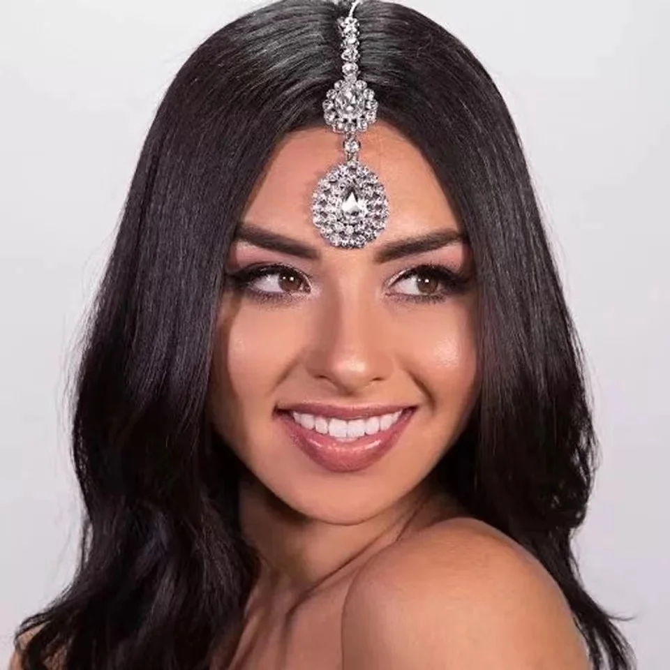 Indian bridal Water Drop Pendant Rhinestone forehead hair chain wedding jewelry women's Bohemian crystal head chain headdress