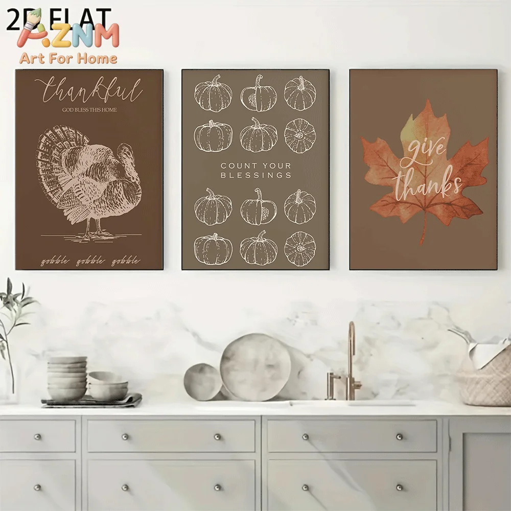 AZNM Thanksgiving Canvas Wall Art, Thankful Quote Turkey Sketch Pumpkin Line Art Give Thanks Maple Leaf Vintage Brown Autumn Fra