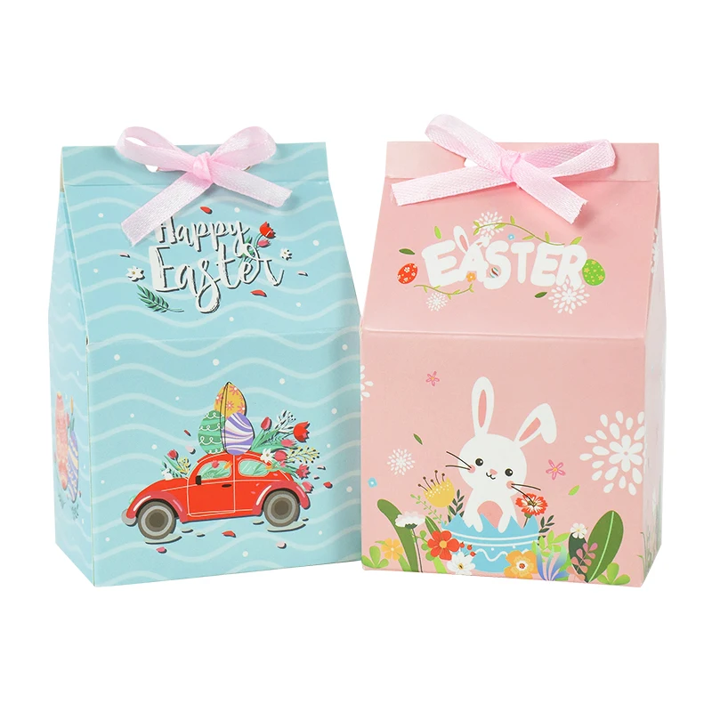 

12pcs Happy Easter Candy Gift Box with Ribbon Bunny Egg Rabbit Paper Cookies Gift Packing Bags 2024 Kids Easter Party Gift Bags