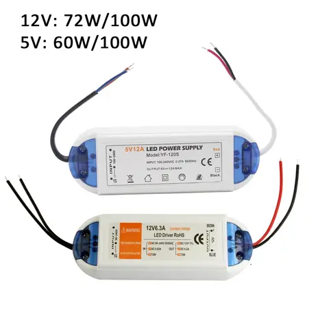 5V 12V Power Supply LED Driver Adapter 60W 72W 100W AC 110V 220V to DC 5V 12V 6A 8A 12A 20A LED Strip Transformer 2Pin Wire