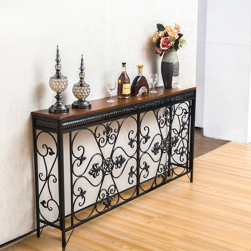 Iron Console Table Porch Narrow Table Side Cabinet Hallway Furniture Iron Flower Frame Design