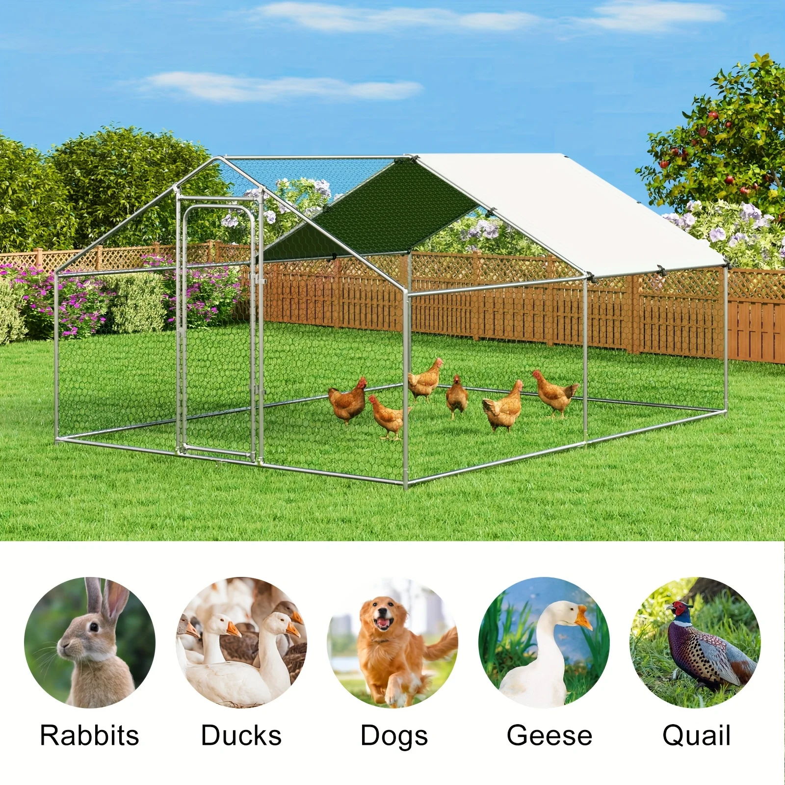 

Chicken Coop Chicken Run Large Metal Hen Run Poultry Cage with Water-Resident Cover for Duck Rabbit House Outdoor Walk-in Chicken Pen for Yard, Spire Roof(10' W X 13.2' L X 6.4' H)