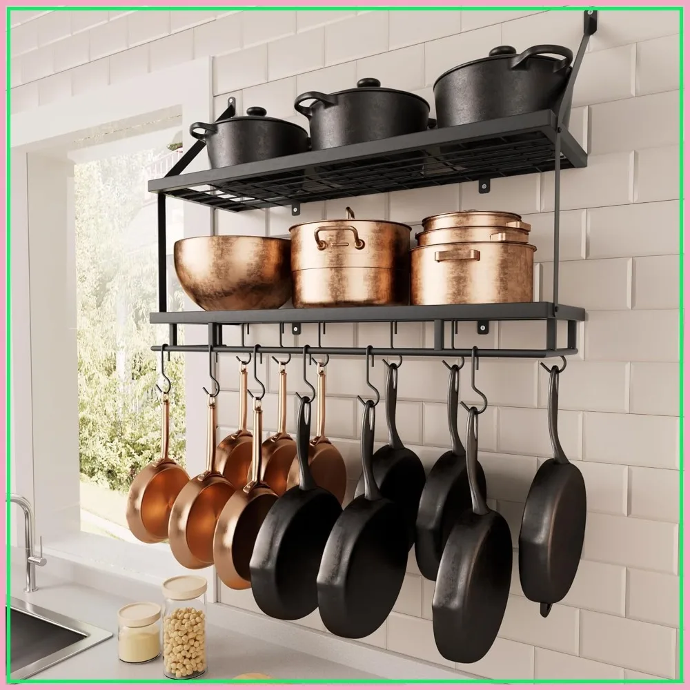 

30-Inch Wall-Mounted Pot Rack with 12 Hooks, 2-Tier Shelf and Guard Rail for Kitchen Storage - Matte Black