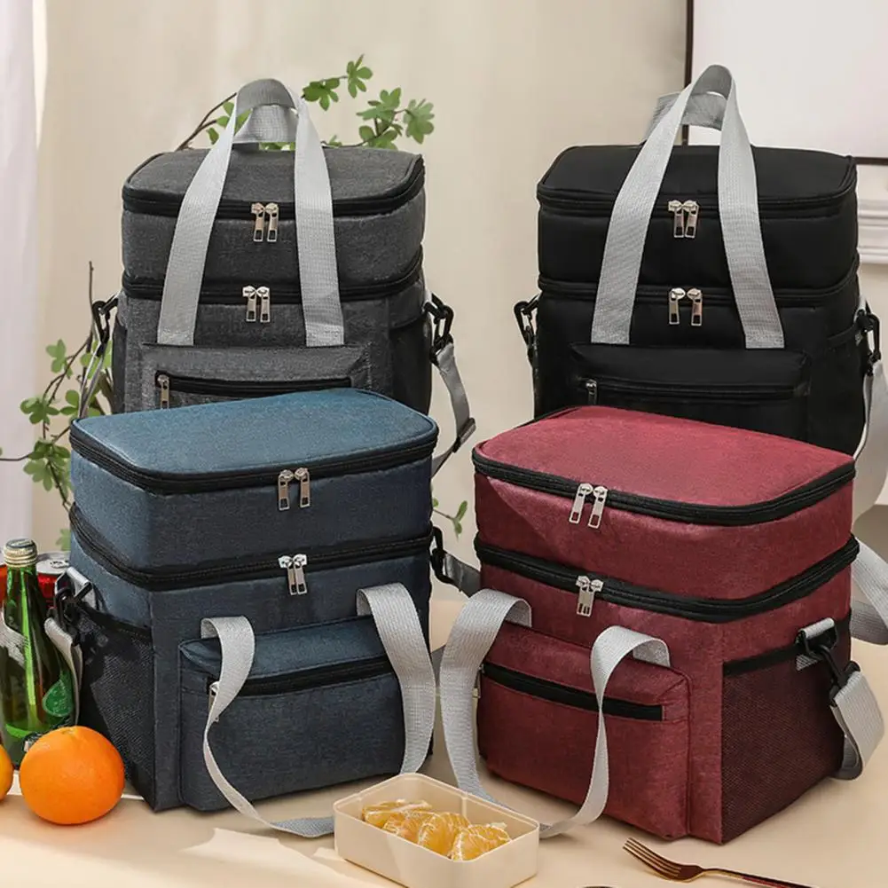 Insulated Lunch Bag Double Deck Picnic Bag with Pocket for Phones Wallets Thickened Lining Leakproof Expandable Tote Cooler Bag