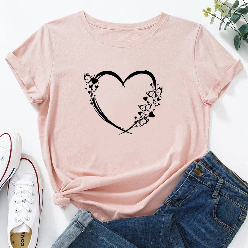 2025 Summer Hot Sale Women's T-shirt High Quality 100% Cotton O-neck Short Sleeve Female Casual Butterfly Heart Print Cute Tees