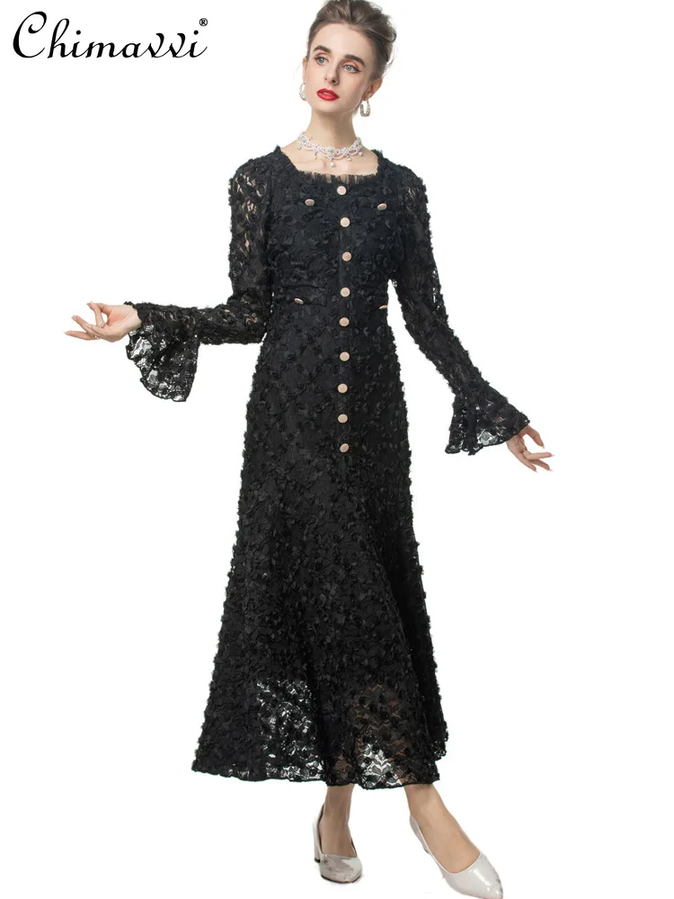 Schwere 3D Floral Square Neck Ausgestelltes Langarm Vintage Prinzessin Kleid frauen Herbst Neue Mode High-End Slim fit Elegante Kleid