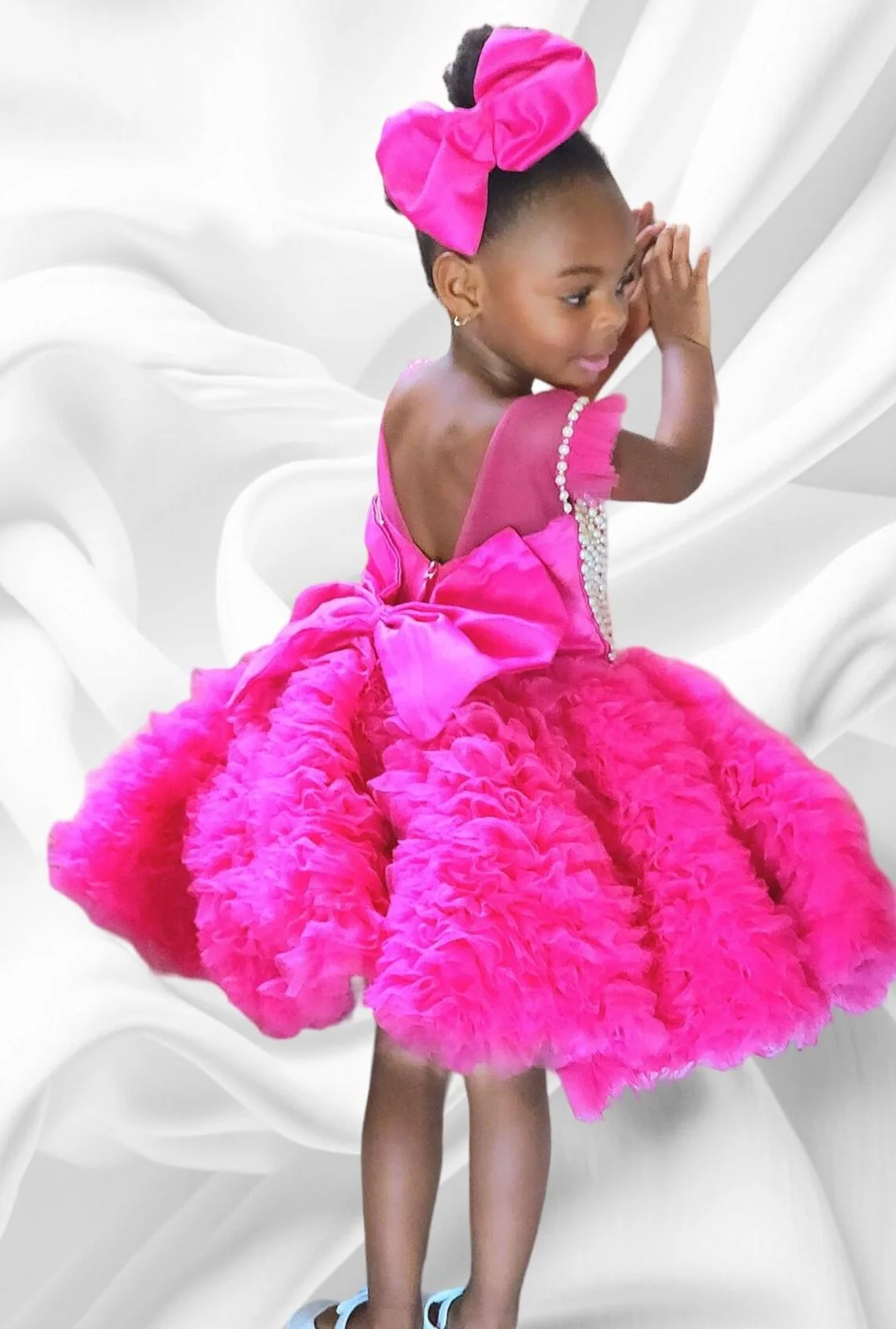 Fuchsia Short Pearls Flower Girl Dresses Baby Girl Tiered Tulle Princess Dress Knee Length Kids Girls Birthday Party Gowns