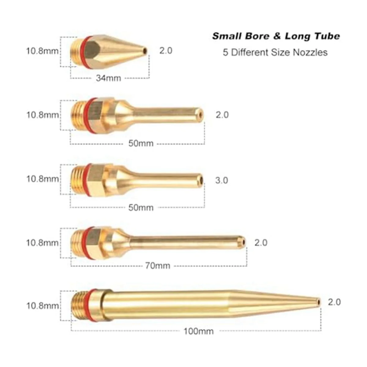 Cola GunCopper Bico Dicas com O-Ring, Bicos de Tubo Longo, Conjunto de Rosca Intercambiável, Cola de Fusão Quente, 5Pcs