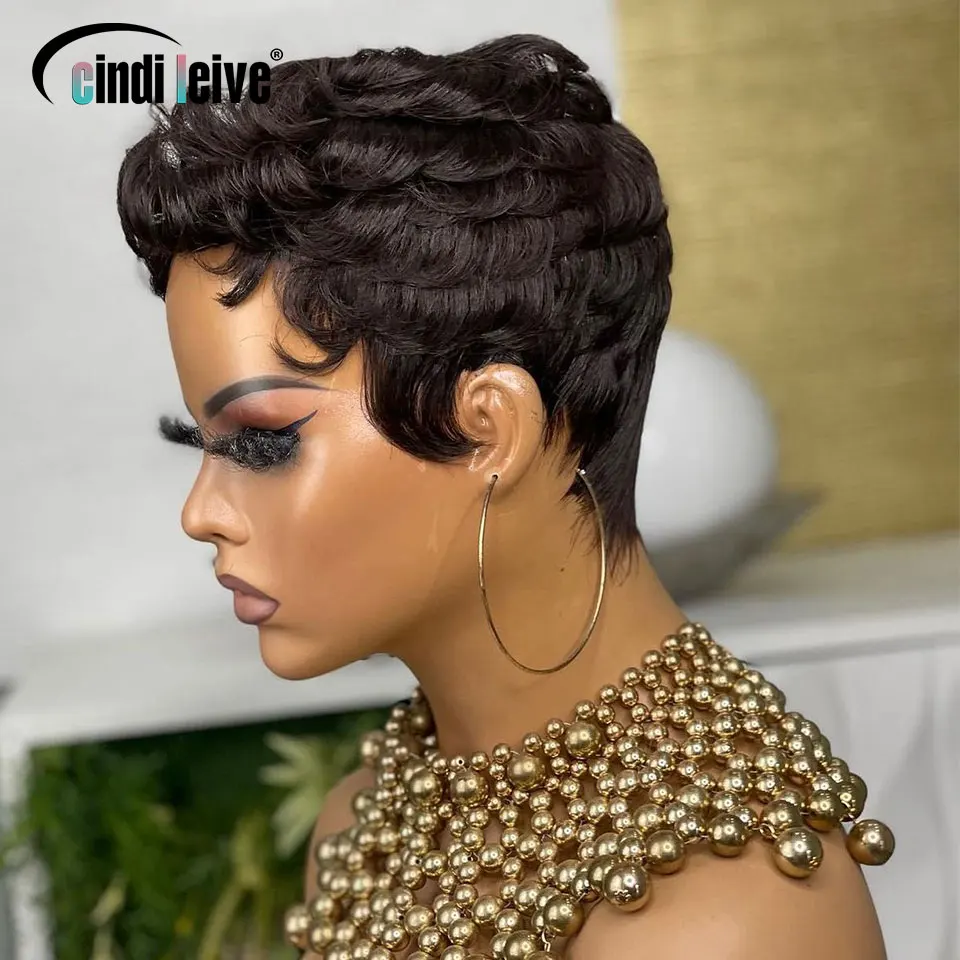 Curly Pixie Cut Short Wigs For Black Women Natural Black Glueless Wig Peruvian Remy Human Hair Bob Full Machine Made Wigs 150%