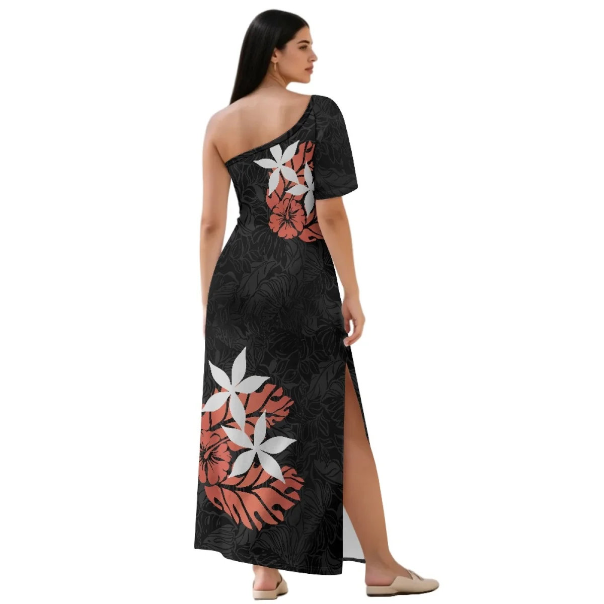 2025 New Elegant Short-Sleeved Evening Dress Polynesian Samoan Ankle-Length Dress Printed One Shoulder Side Split Maxi Dress
