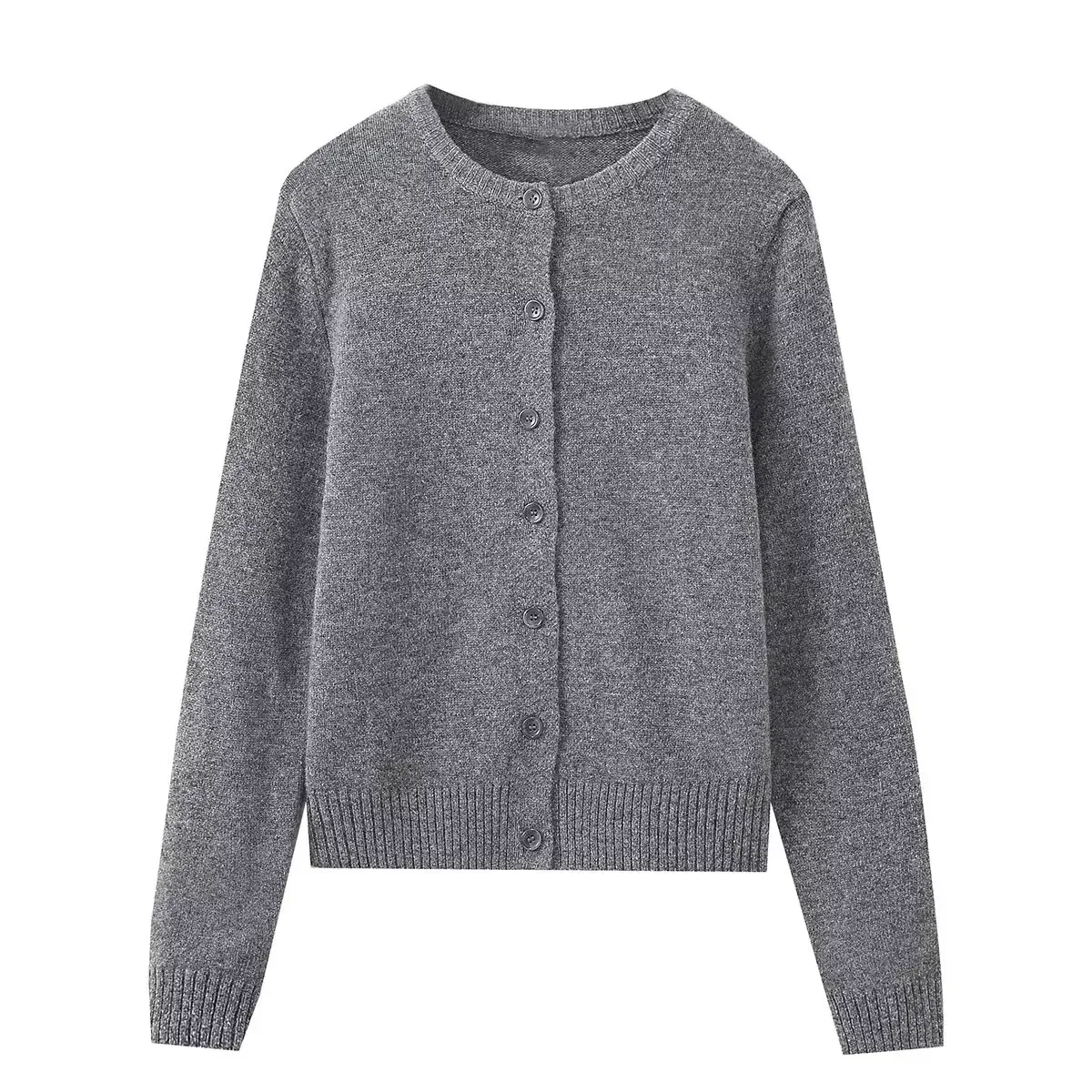 TRAF Women Autumn and Winter Knitted Cardigan Elegant Single-breasted Long-sleeved Jacket Retro Round neck Gray Sweater 2893/103