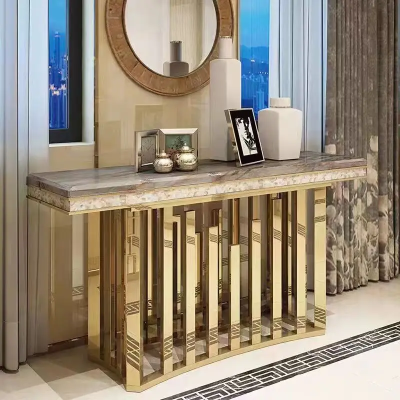 

Light luxury modern simple rectangular stainless steel marble entrance table corridor art entry rock slab entrance living room