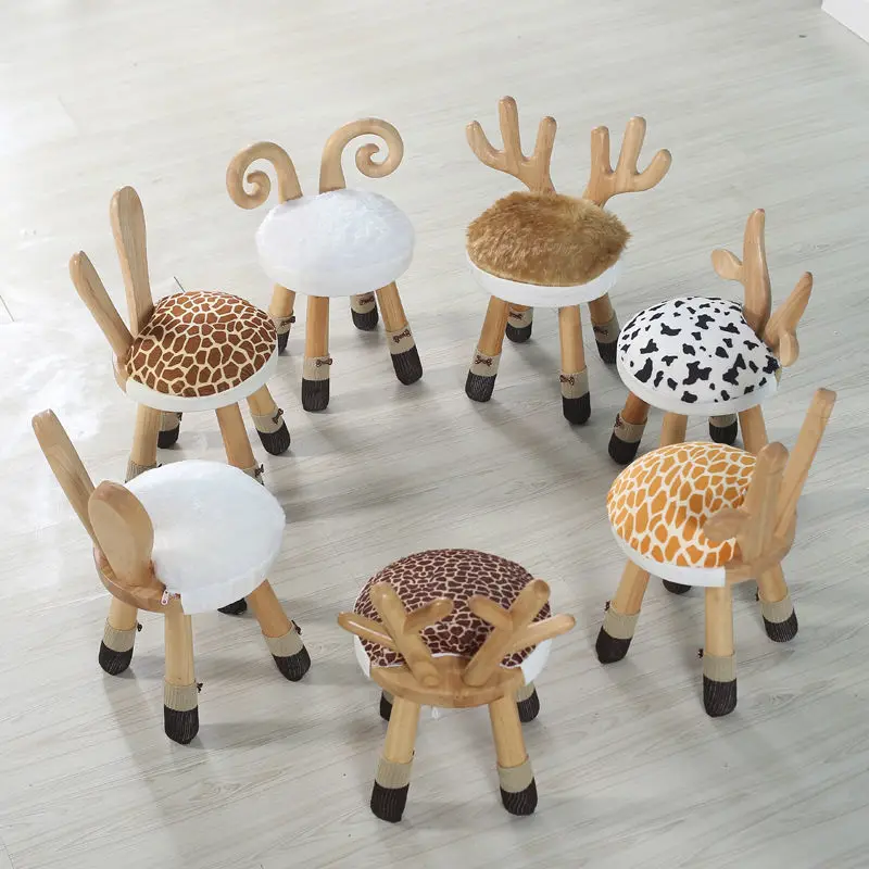 

All solid wood small stool home with children's backrest chair deer shoes Nordic