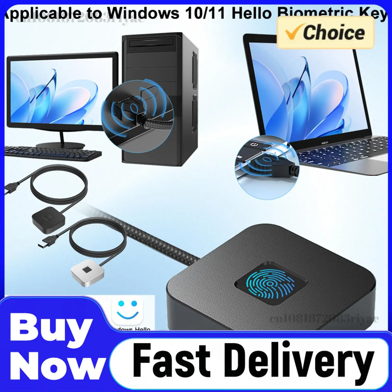 

For Windows Hello 10/11 Fingerprint Reader with 5ft Cable Portable USB Fingerprint Logger Biometric Fingerprint Login Reader