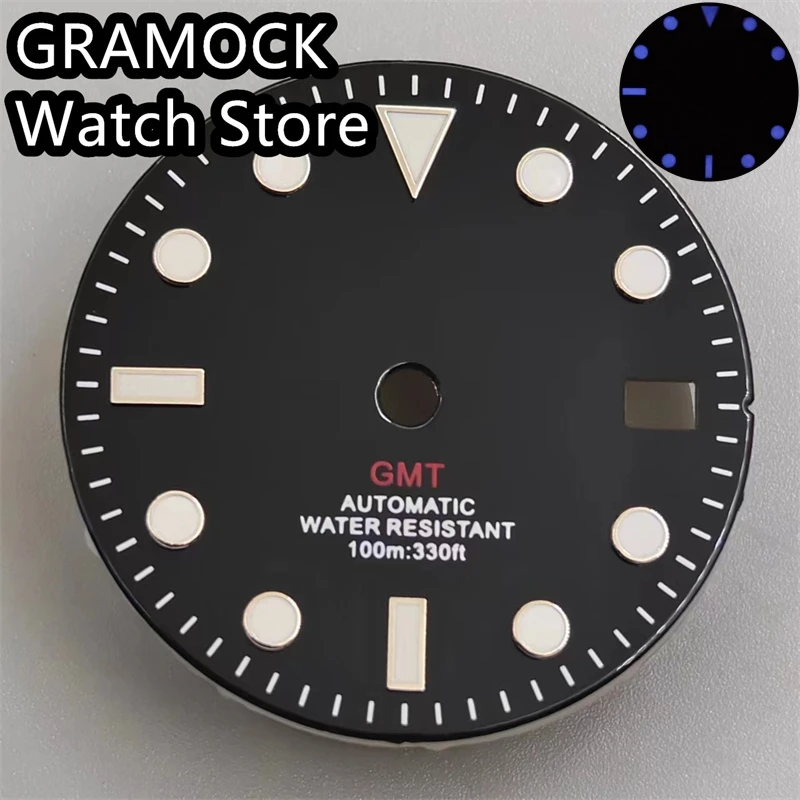 GRAMOCK 29mm Glossy Watch Dial Blue/Green Luminous With Green Red Blue Orange GMT Text Fit NH34 Movement