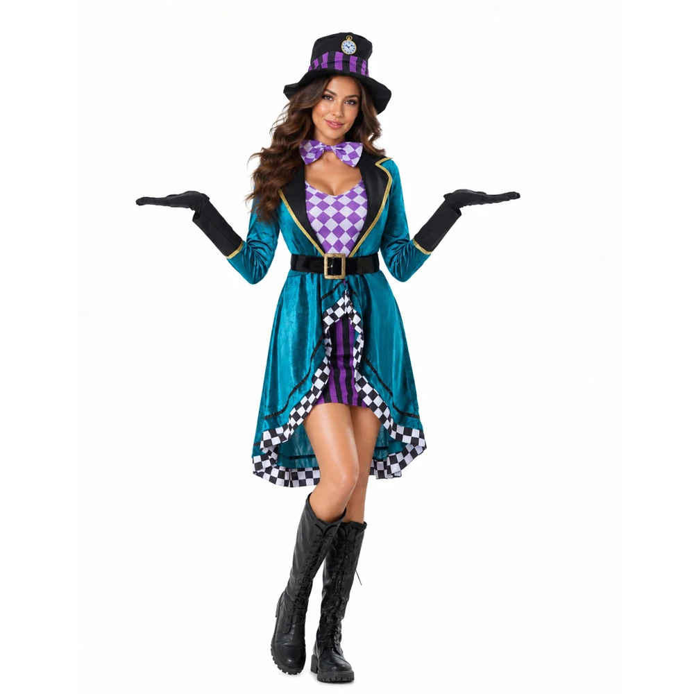Women Mad Hatter Alice Cosplay Dress Magician Outfit with Hat Gloves Halloween Party Carnival Stage Performance Clothes Adults