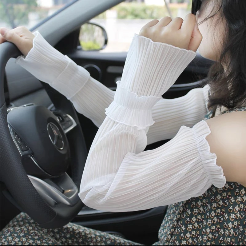 Women Sexy Long Sun Protection White Fingerless Gloves Tulle Arm Sleeves Outdoor Cycling Drive AntiUV Thin Breathable Overleeves