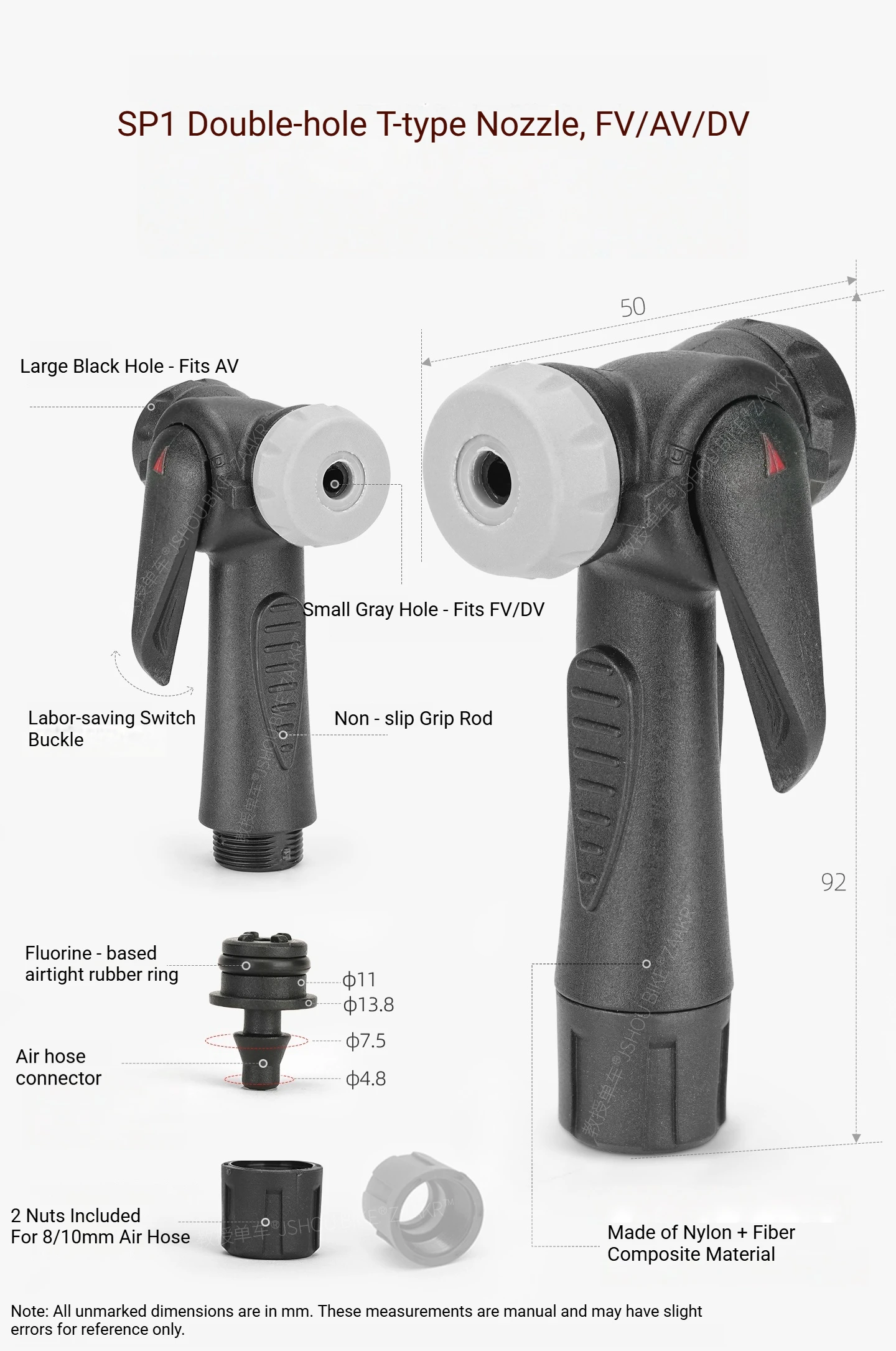 JSHOUBIKE Pumpenadapter, passend für 3 Ventile (Schrader/Presta/Dunlop), kompatibel mit 8/10 mm Schlauch, Ersatz für manuelle und elektrische Pumpen – Detail 8