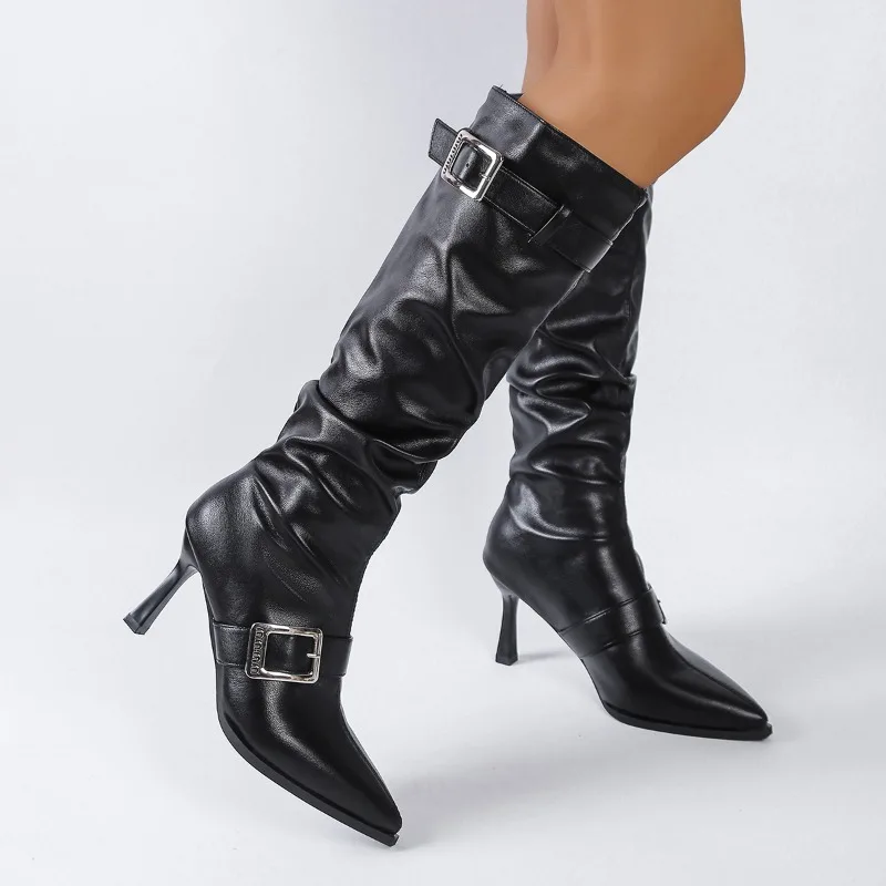 Осень/зима 2022, новые замшевые плиссированные женские высокие узкие сапоги с острым носком и пряжкой на ремне, длинные сапоги