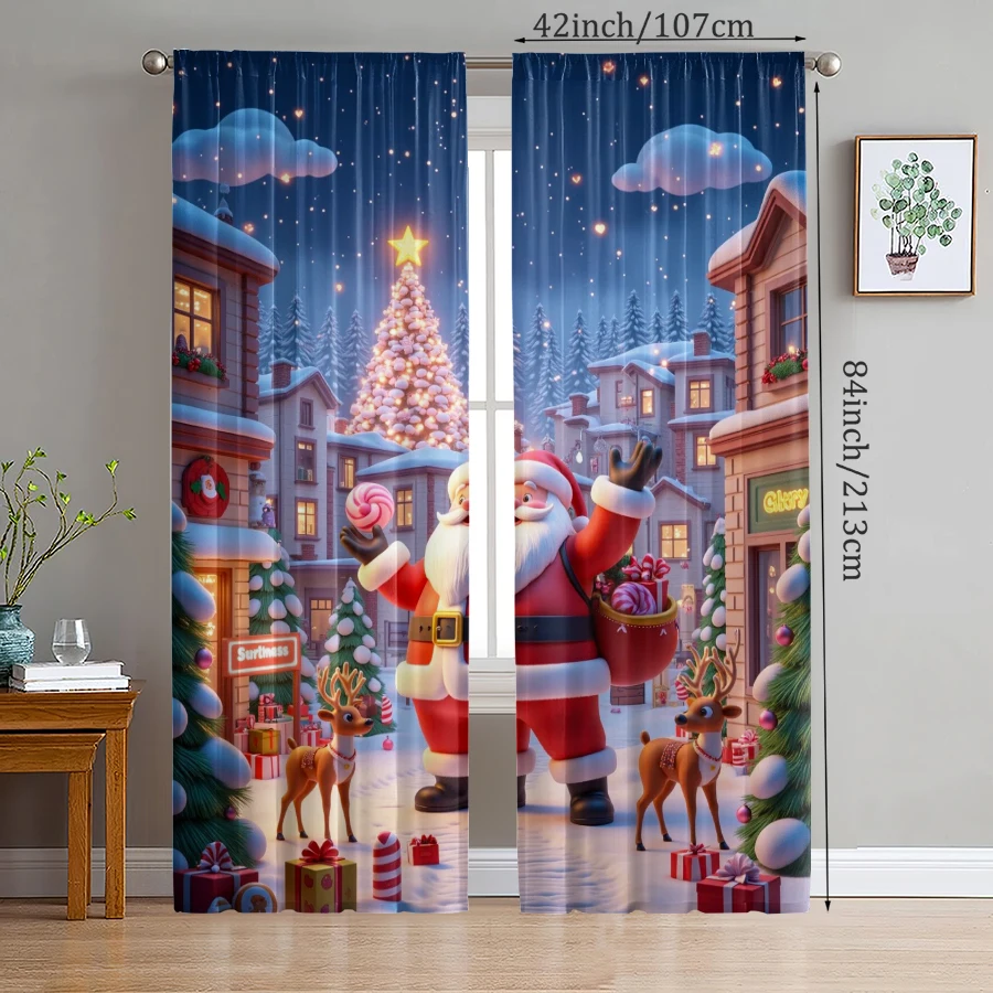 

2PCS- Christmas Santa Claus Christmas tree pattern printed curtains, Christmas decorations, home decorations, room decorations
