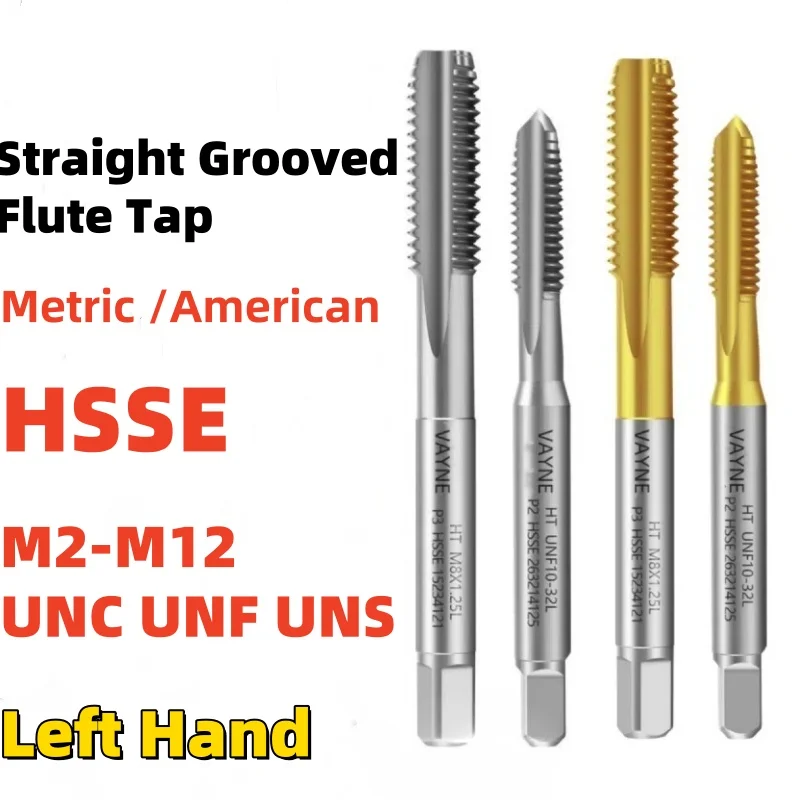 1PCS HSSE Left Hand Metric /American Fine Straight Grooved Flute Tap TIN-Coating M2M3M4M5M6M8M10M12UNC UNF UNS 1/4 5/16 6-32 tap