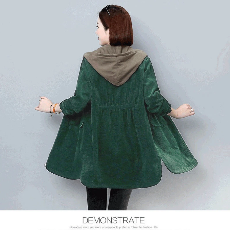 2022 Autumn Winter Women Hooded Trench Fleece Long-sleeved Loose Corduroy Solid Color Vintage Fashion Casual Women Long Warm