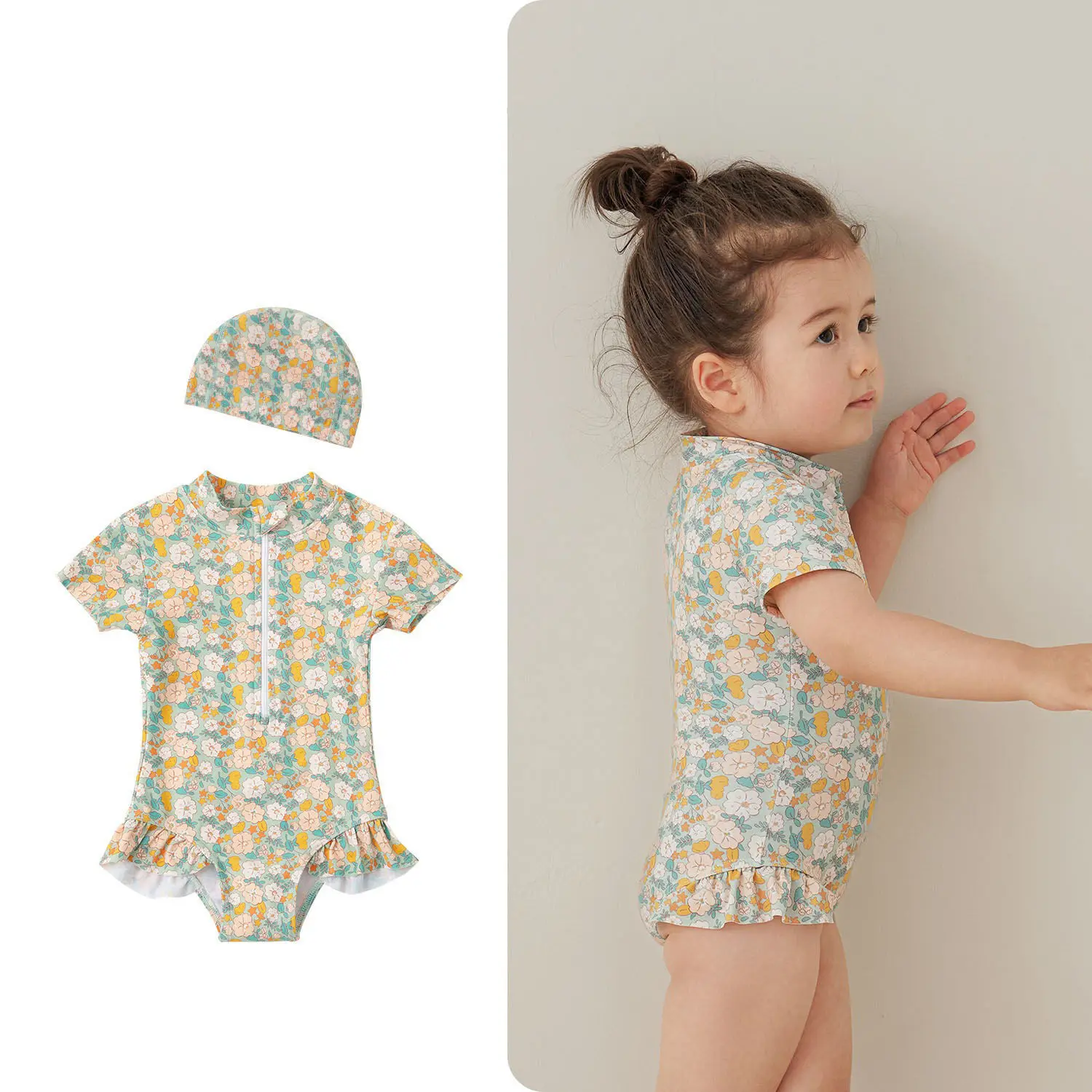 Baby Girls' summer one-piece short sleeved swimsuit, quick drying baby's beach sun protection suit