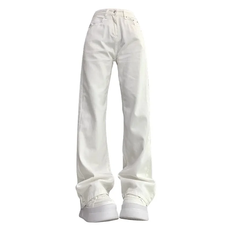 Summer Women's White High Waisted Wide Leg Jeans Premium Draped Effortless Chic Loose Straight Leg Denim Pants for Daily Office
