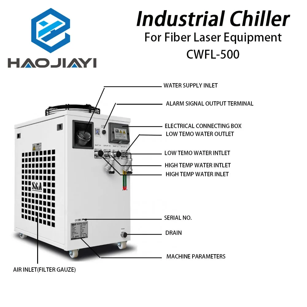 HAOJIAYI-enfriador de agua y aire industrial, máquina de corte de grabado láser de fibra, S & A, CWFL-500AN, 500BN y 500DN