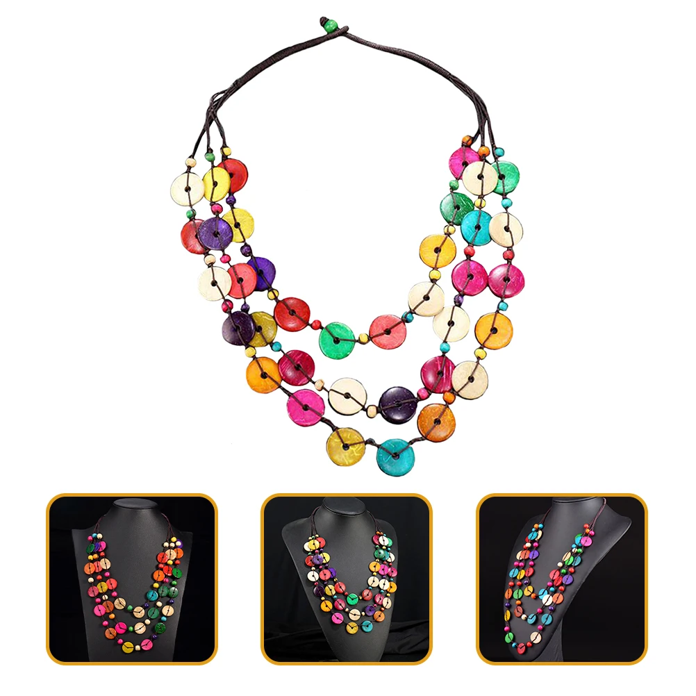 

Chunky Colored Coconuts Shell Beaded Necklace Retro Wooden Jewelry for Women Fashionable Gift Wood Bead Garland with Tassels