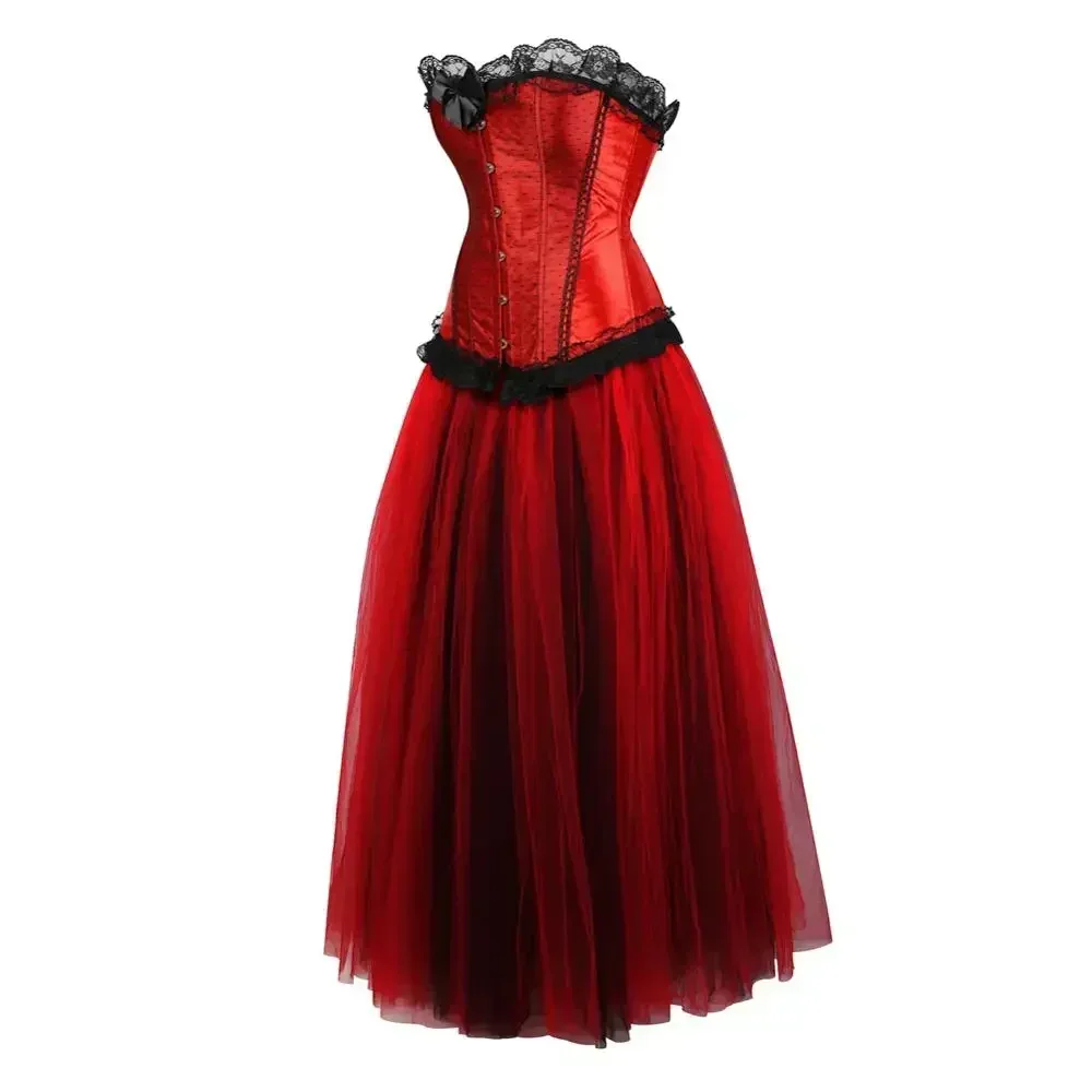 Women Corset Dress Goth Pirate Corsets Skirt Steampunk Ribbon Lace Bustiers with Long Princess Mesh Tulle Wedding Party Costumes