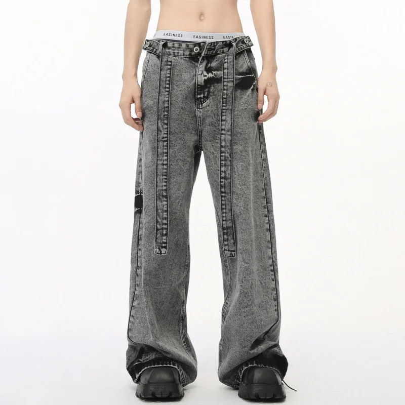 American Style 2024 Autumn Niche Straps Design Casual Pants Versatile Straight Washed Denim Wide Leg Trousers Tide